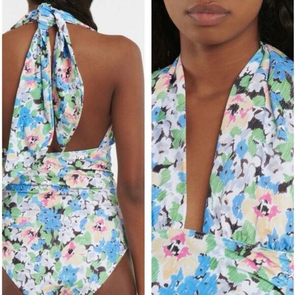 Ganni  Halter One Piece Swimsuit Blue Floral Size 6 New - Picture 7 of 10